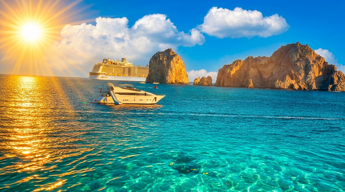 Cabo paradise scene with brilliant sunshine over crystal clear turquoise water, white yacht, and rock formations under a blue sky with fluffy clouds